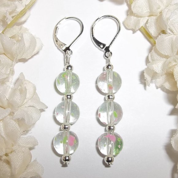 Clear Pink & Green Earring Set Handmade NWT 5146 - Picture 1 of 8